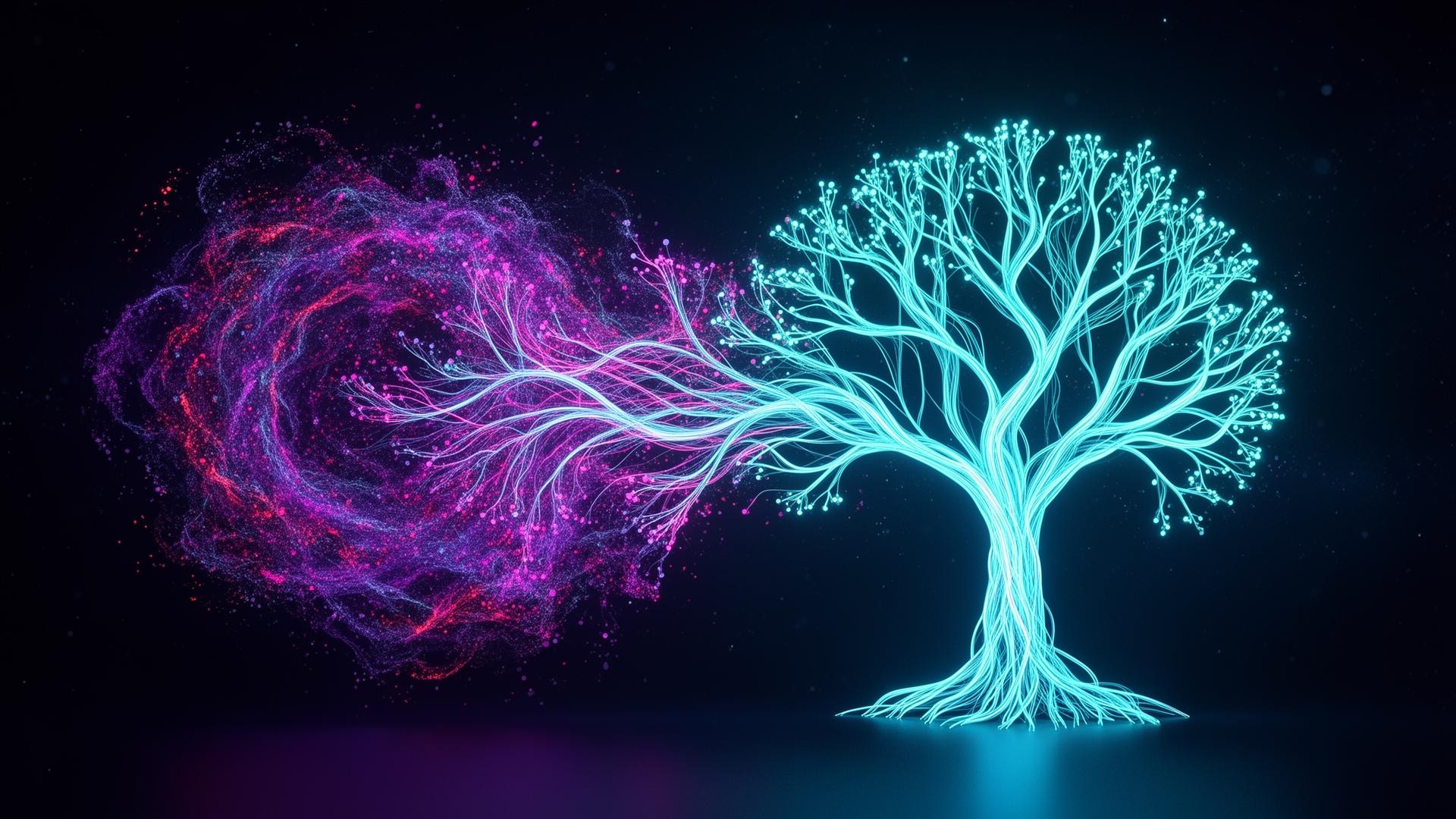Abstract neon decision tree growing from a chaotic violet cloud into a structured cyan canopy — a visual metaphor for an ADHD mind organized by Solvery.